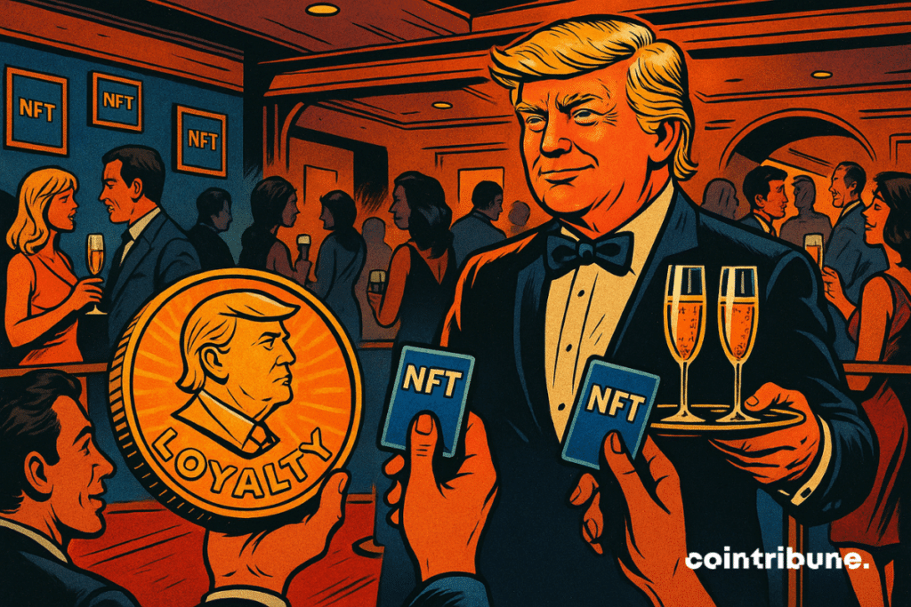 Trump Serving at a private dinner with a crypto corner bearing his image and nft cards