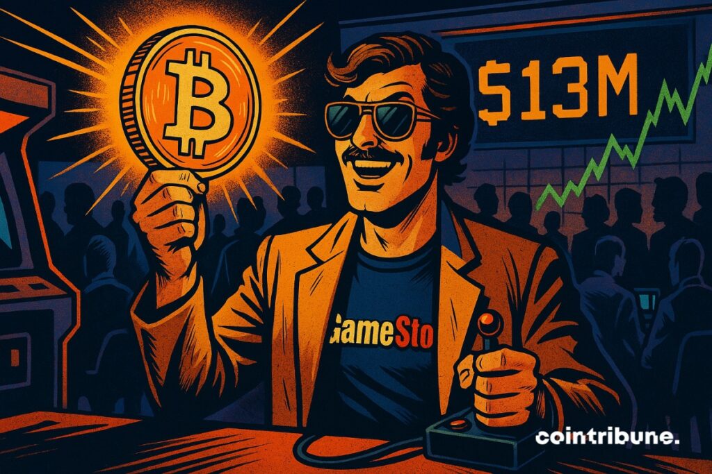 A GameStop official with a large piece of bitcoin in hand and a gaming controller, happy after the acquisition of $ 513 million in BTC.