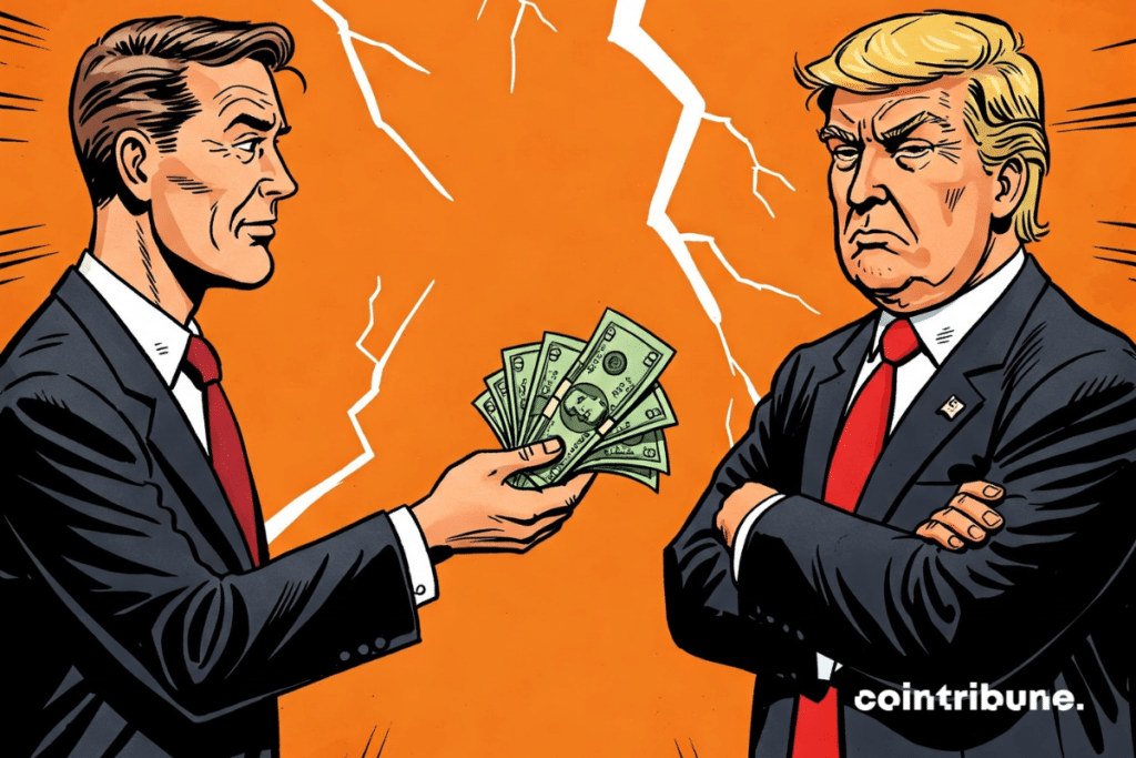 An EU representative hands a hand full of tickets to a Trump to preserve the economy