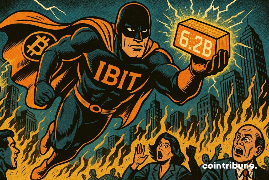 An Ibit super hero with a Bitcoin cape that flies over the city with a data hood that displays 6.2 milllards, representing the record flow of May.