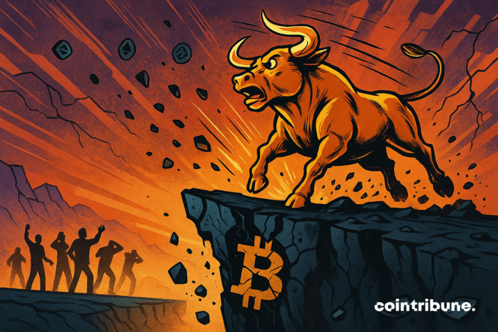 A majestic golden bull launched in a frantic race ... stopped net on the edge of a fractured precipice. The animal is frozen, a paw before already in the void, the energy still present in its tense body, but the fall seems imminent, which symbolizes the imminent end of the Bull Run and the concern of the traders.