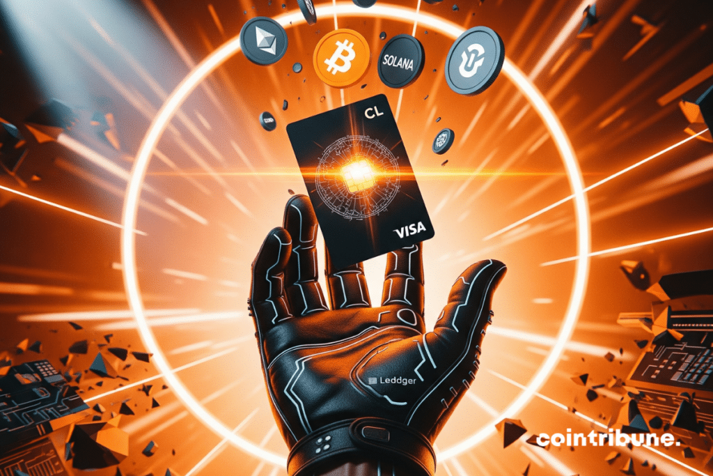 Heroic hand brandishing a crypto card