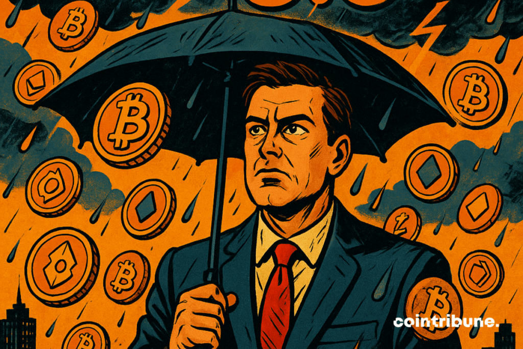 Close plan on an investor in costume, perplexed, but determined expression, holding an umbrella, standing in a 