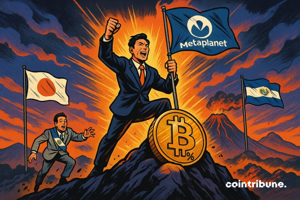 The Metaplanet CEO at the top of a mountain with the Metaplanet flag and a large piece of bitcoin at its feet % at the bottom of the mountain, an out of the Salvador official.
