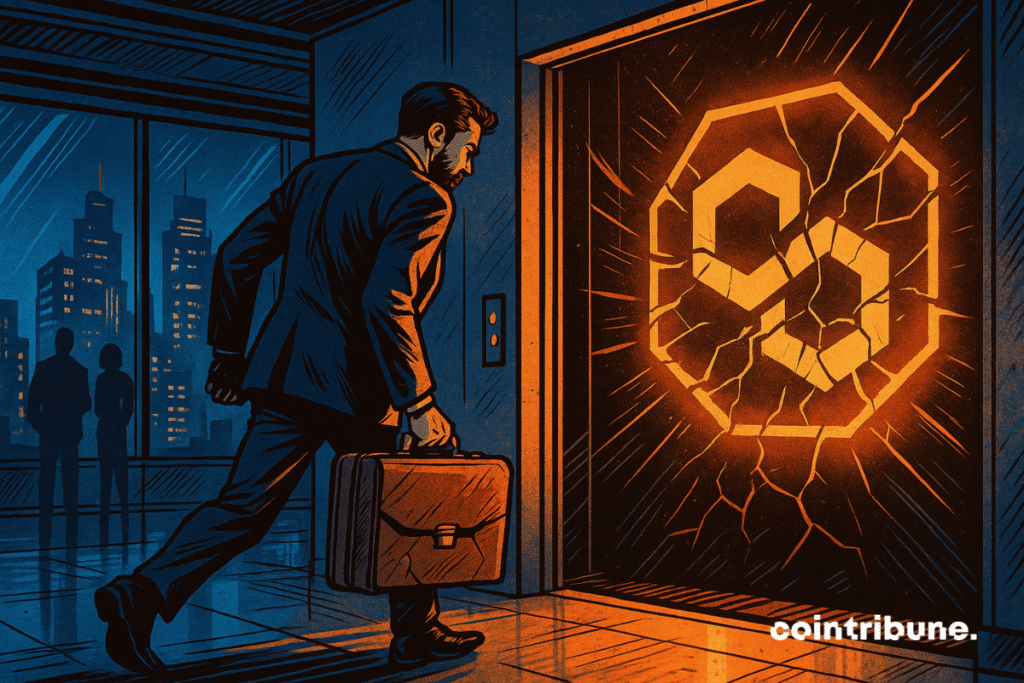 Illustration by Mihailo Bjelic preparing to cross a door with a shattered polygon logo
