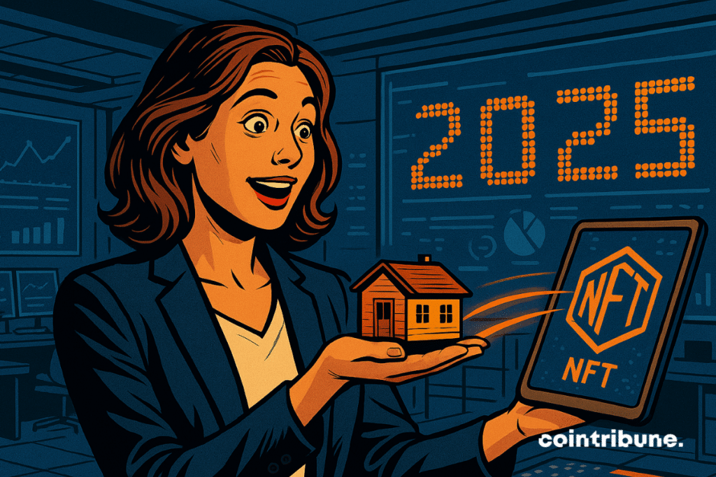 Woman holding a house miniature in the other hand and a nft tablet with the other 2025 in the background
