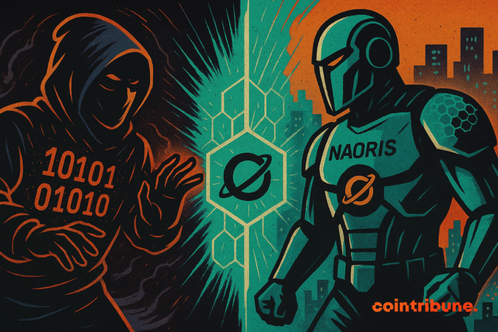A digital confrontation on the blockchain between a hooded hacker carrying binary figures and a shielded futuristic figure named