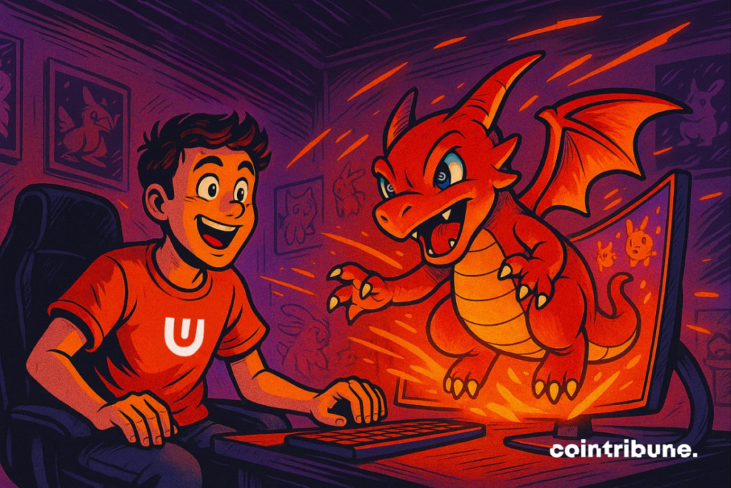 An amazed gamer sees an inflamed dragon -type creature appear from his screen, in a subdued room decorated with art inspired by Pokémon.