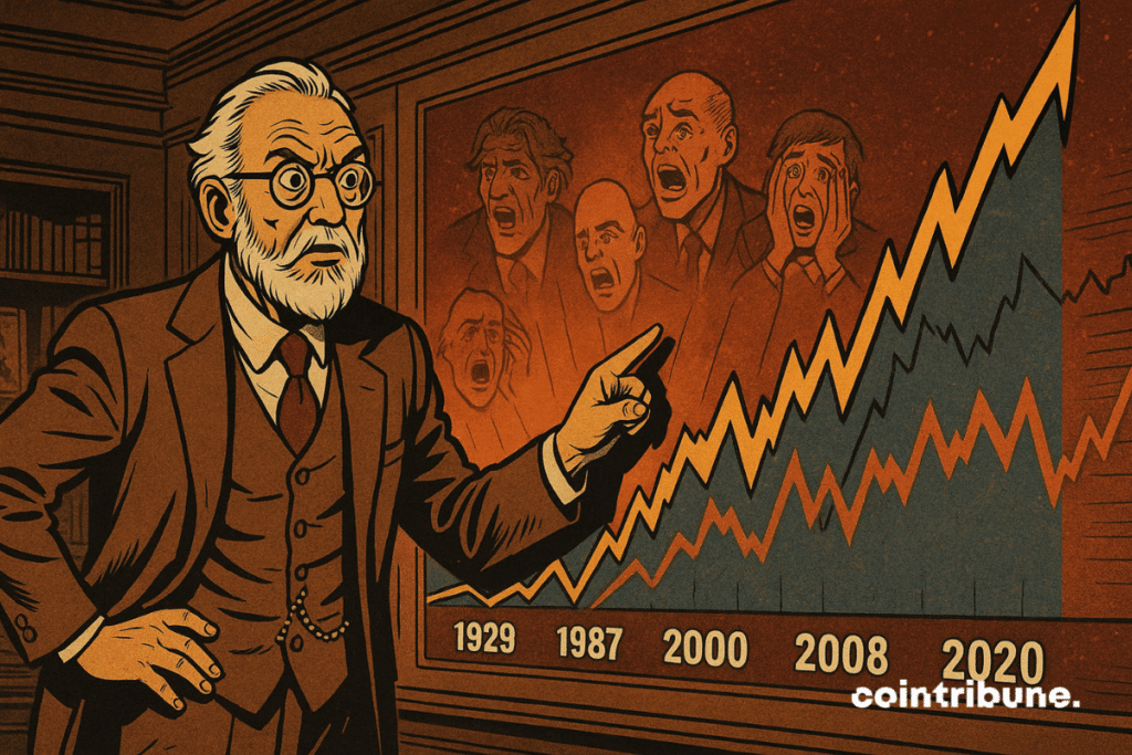 Old elegant man, figure of a wise stock market or market historian, standing, slightly leaning forward, a hand stretched towards a wall fresco on the S&P 500 which symbolizes 100 years of the Stock Exchange.