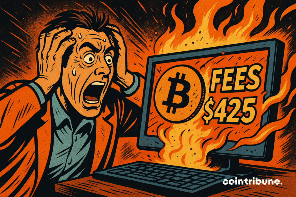 Illustration of A Man with His Hands on His Head Screaming in Shock as He looks at a burning computer Screen Displaying the Bitcoin Logo.