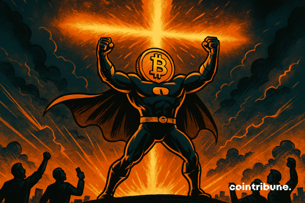 Bitcoin personified in the form of a superhero in front of a 