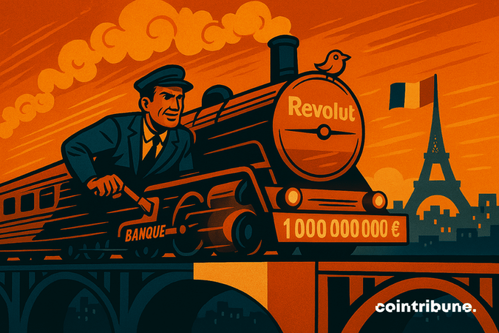 Revolut train (pro crypto bank) crossing France and head of which is written "1 billion €"