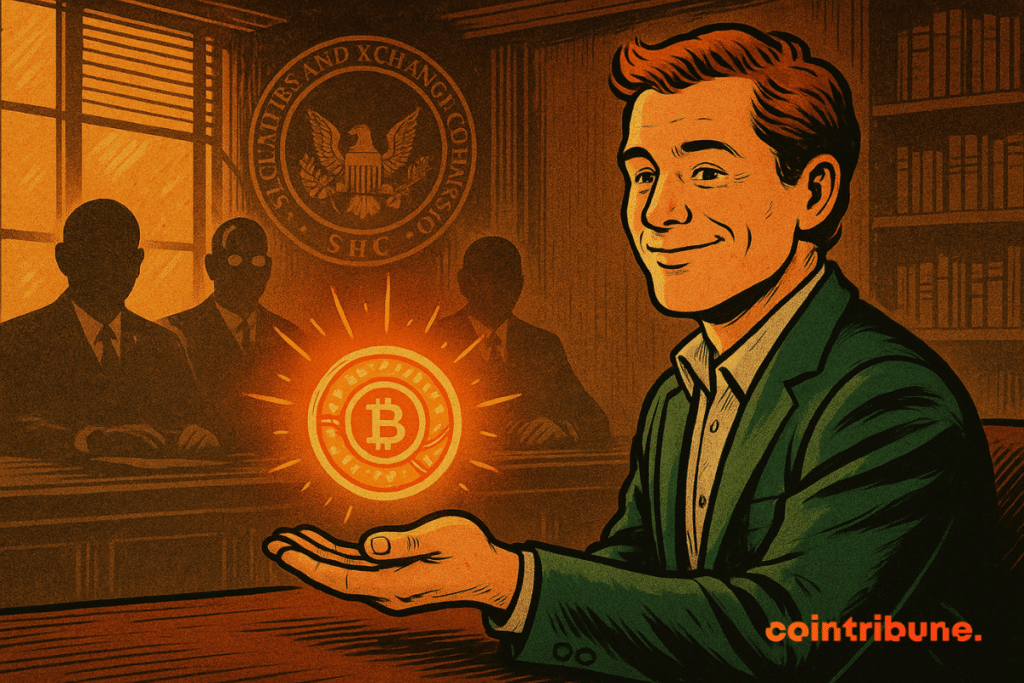 A man confident in costume has a light bitcoin token in a meeting room, in the presence of members of the dry and the official seal in the background.