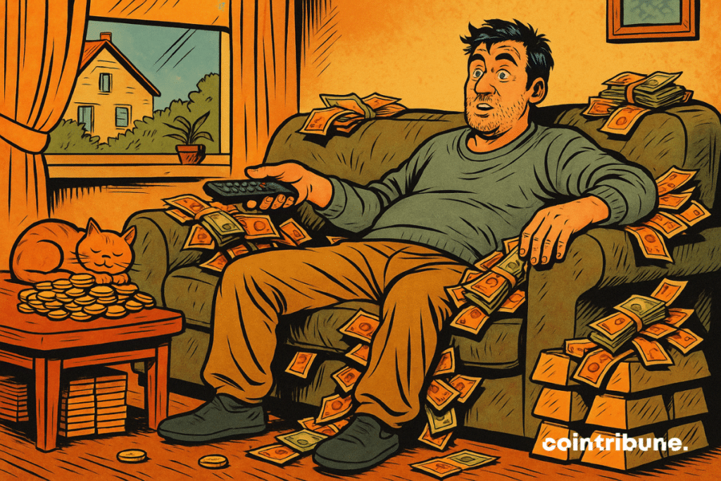 A 40 -year -old Frenchman in jogging, sitting quietly, remote control in hand. Sprie, relaxed, without suspecting that tickets come out by the seams of the sofa, which symbolizes the increase in household heritage in France.