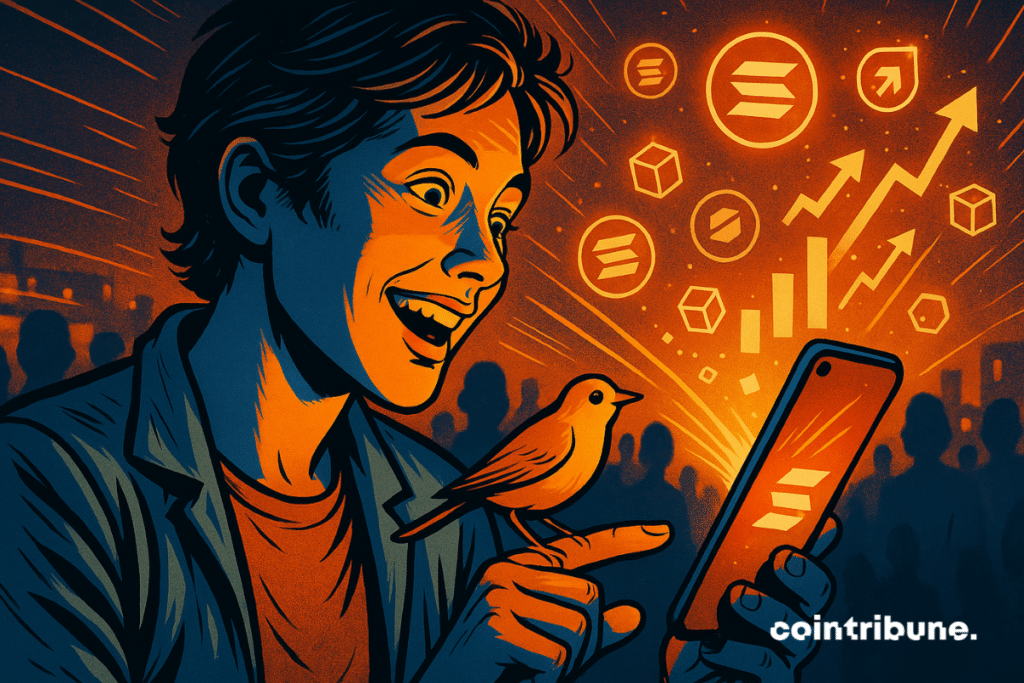 Young investor amazed by a smartphone surrounded by various symbols including a bird and an Ethereum logo