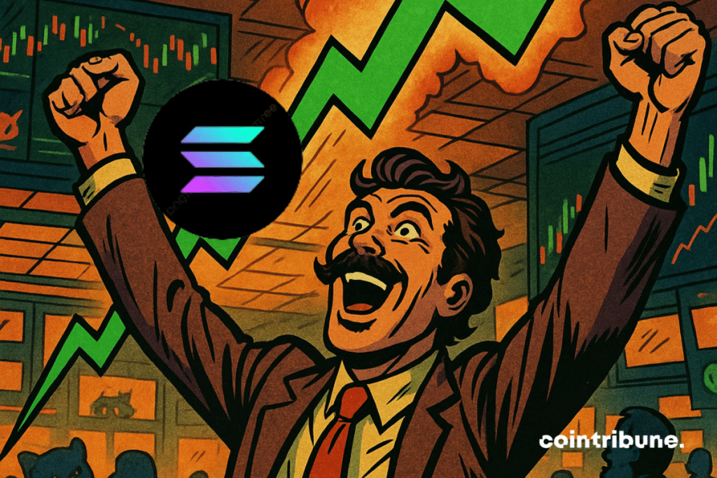 An Exalted Solana trader (70s costume, wide tie, mustache) lifts her arms to a giant graphic. A huge green arrow pierces the ceiling, with 