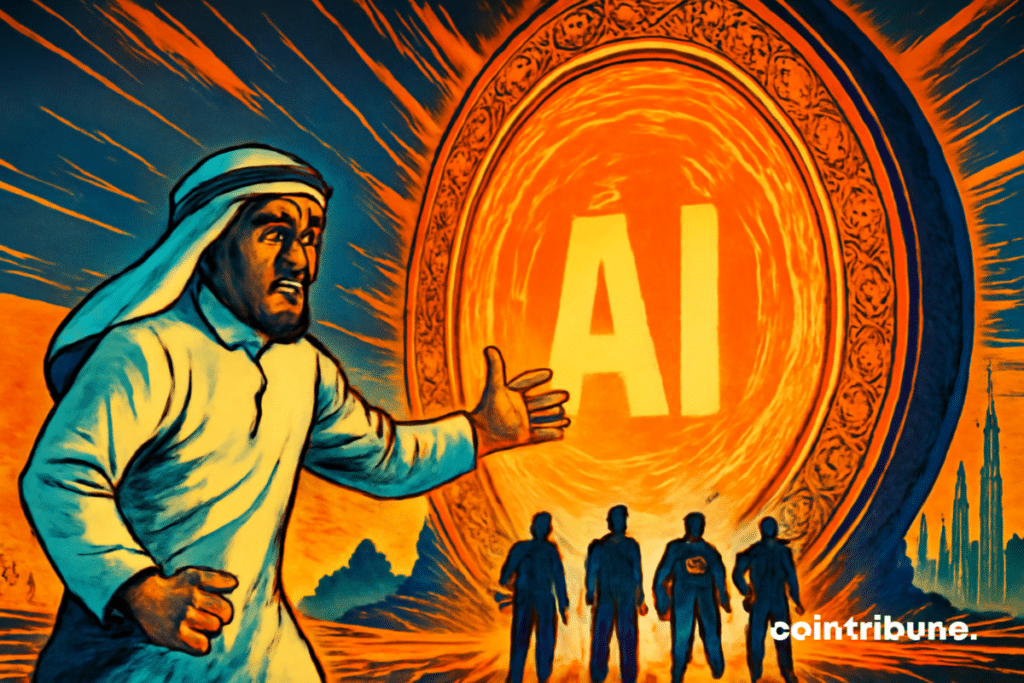 Outdoor frame, at dusk, in front of a huge energy portal of AI (Stargate) with orange and blue light rays that spring up. A silhouette of an Emirati engineer in traditional outfit facing the gate, tense arms as if to activate or greet.