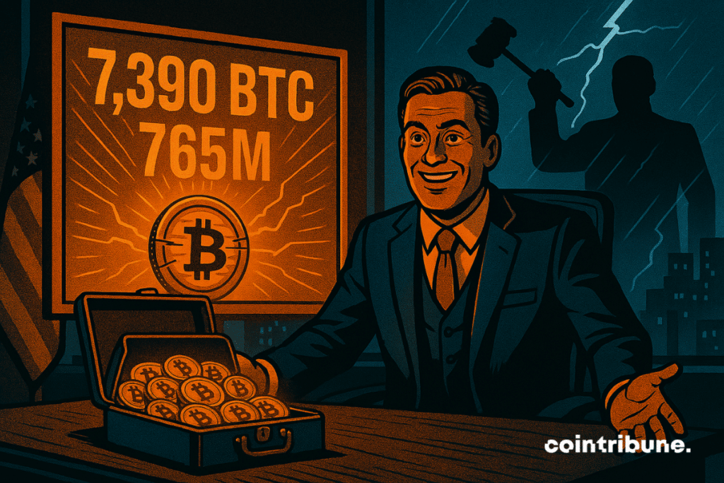 CEO displaying his joy in front of a trunk full of bitcoins and a table of statistics