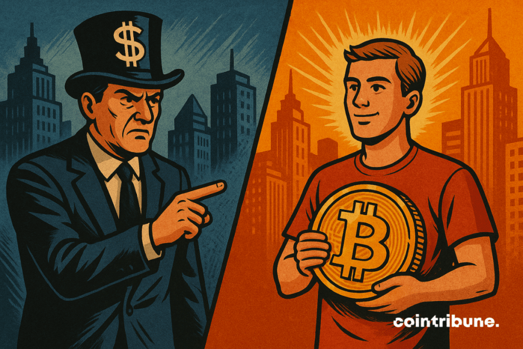 An institutional trader in costumes of financial deliverers carrying the finger at Saylor carefree, with his piece bitcoin in hand