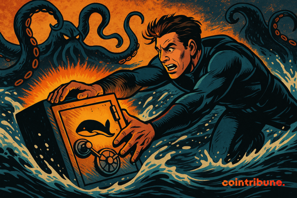 A determined man swimming in tumultuous waters, firmly holding a light chest decorated with a whale logo, while threatening tentacles emerge from the depths.