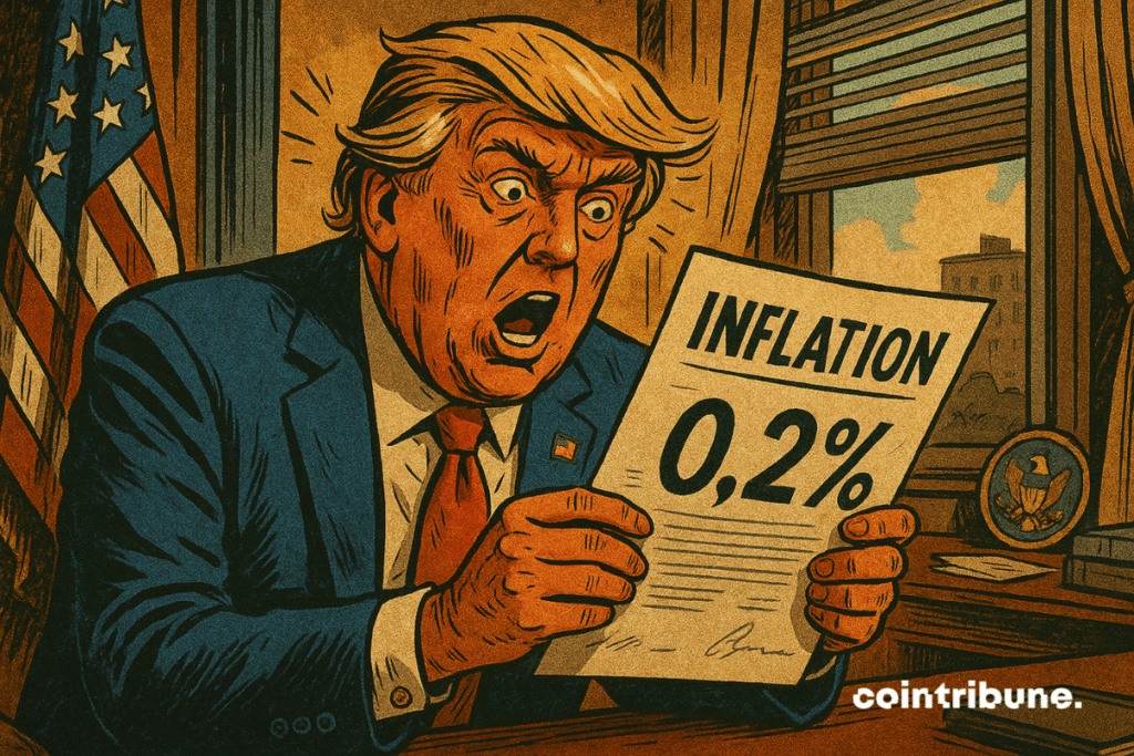 Oval office, lit by lively and centered light. Trump in posture leaning on a graphic screen. Astonished, mouth ajar, raised eyebrows. Inflation graph, with "0.2%" in figures.