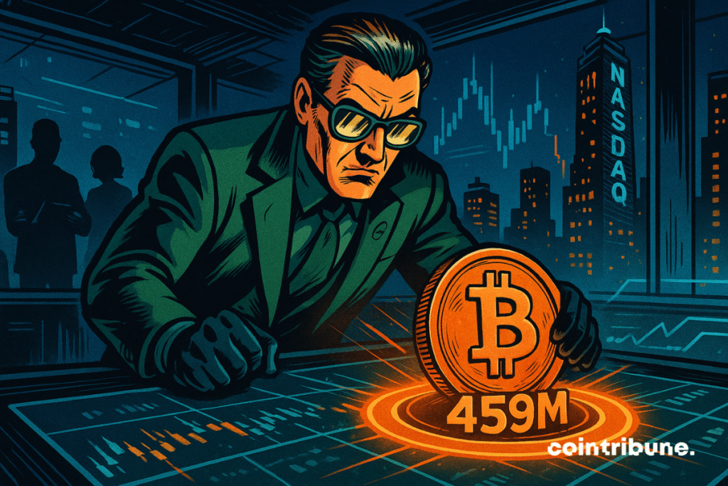 Futuristic interior like strategy or war-room room, dark diving with a holographic table. Strategist/manager playing Tether. Tether green suit, black gloves, mirror glasses. Leaning on the table, a hand placed on a giant bitcoin piece