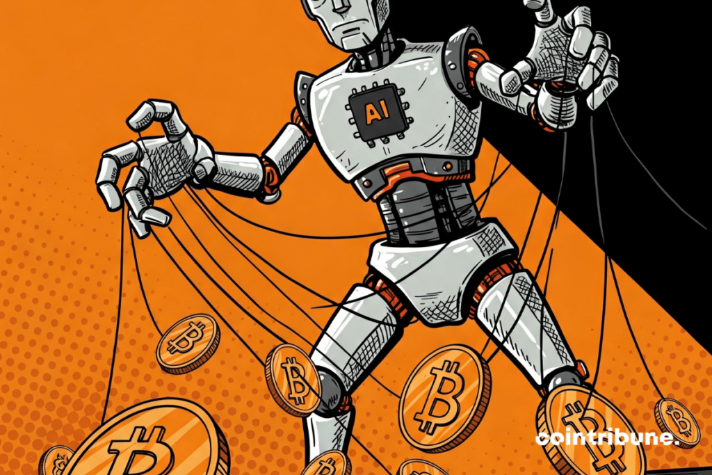 A giant AI causing cables connected to floating cryptos