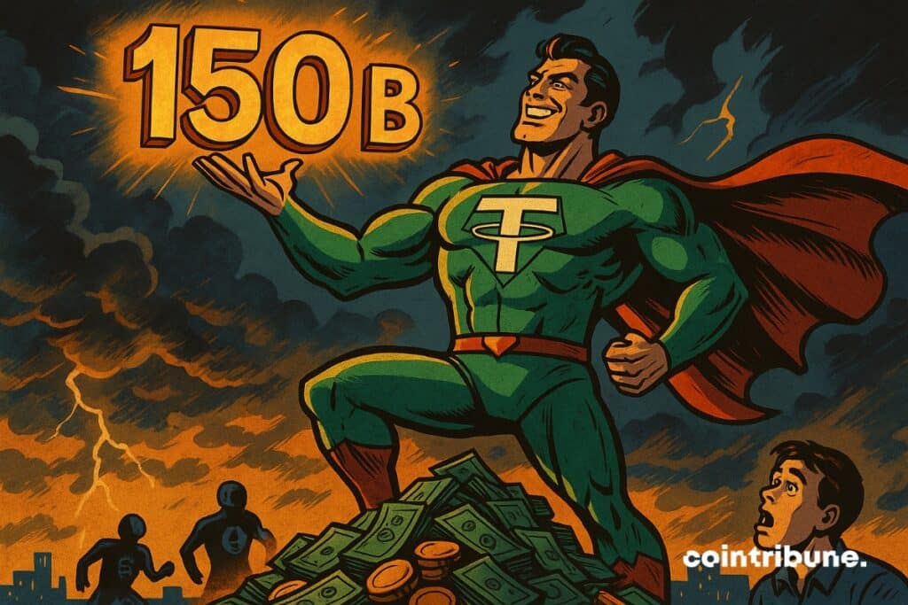 A super hero Tether in heroic posture on a bunch of tickets with 150 shiny shiny on his right hand.