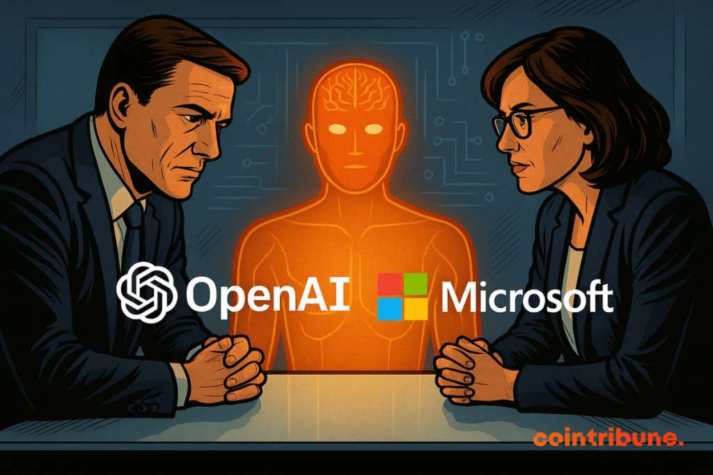 Two individuals sitting face-to-face, with an environment a humanoid AI, and logos of Microsoft and Openai