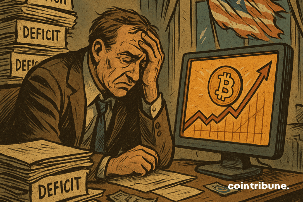 Interior of a collapsed American government office, vintage style. An official tired in costume, sitting at his crumbling office under the “deficit” stamped files. A screen in front of him displays a graphic uphill with a golden bitcoin at the top.