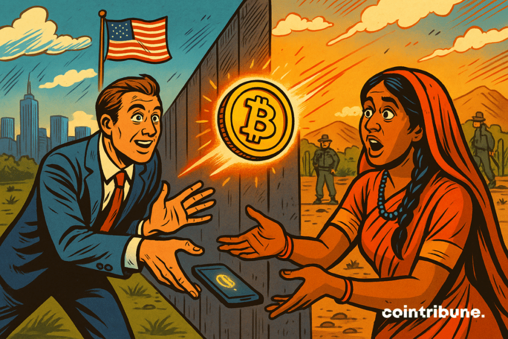 A man in costume sends a BTC crypto through a border wall to a woman in traditional clothes