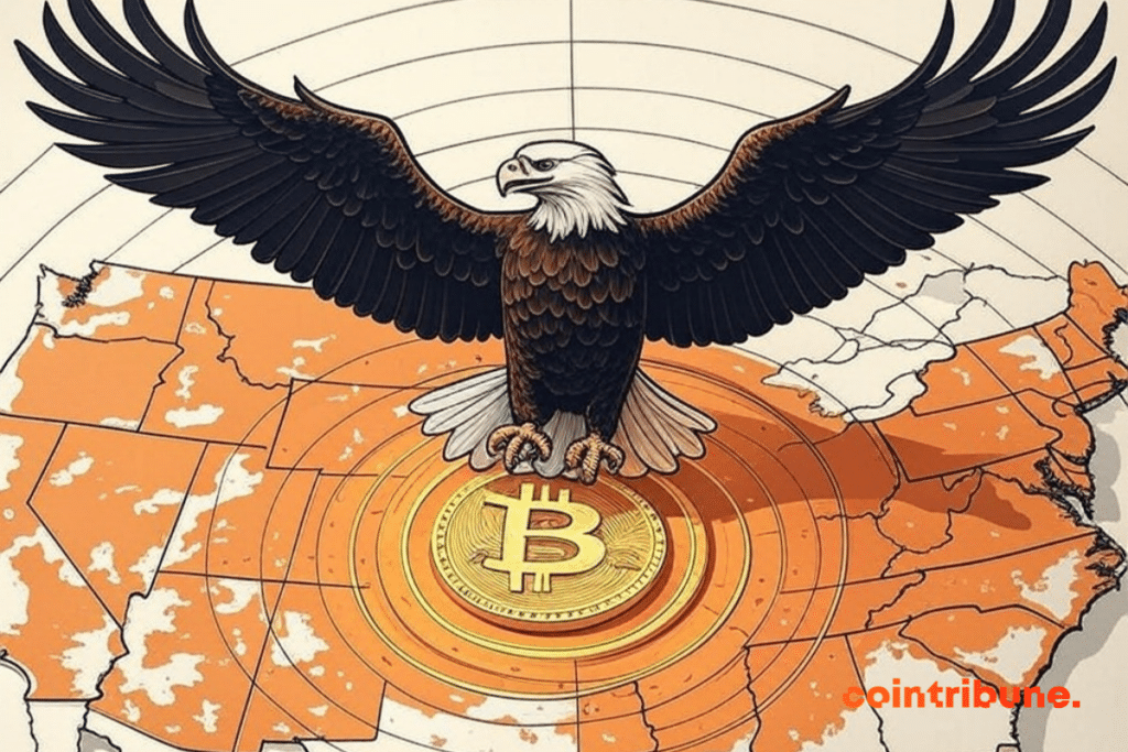 Map of the United States at the heart of which is a coin of bitcoin overflown by an eagle
