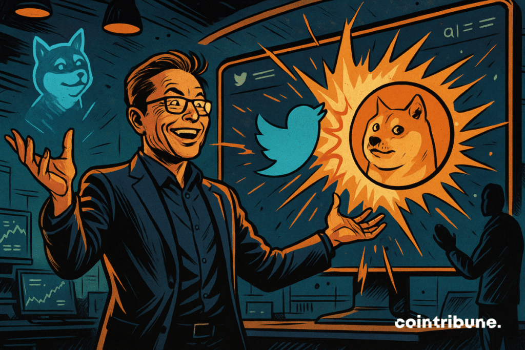 Elon Musk is in the center of the image, slightly leaning back, arms apart like a maestro leading a digital symphony. On the giant screen behind it, the Twitter logo is transformed into a Doge logo, in a brilliant animation.