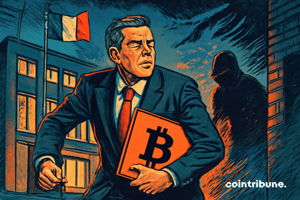 Exterior, in front of a modern government building with a floating French flag. The French minister in dark costume, serious and concentrated face, right hand tightening a file where we guess stylized crypto logos.