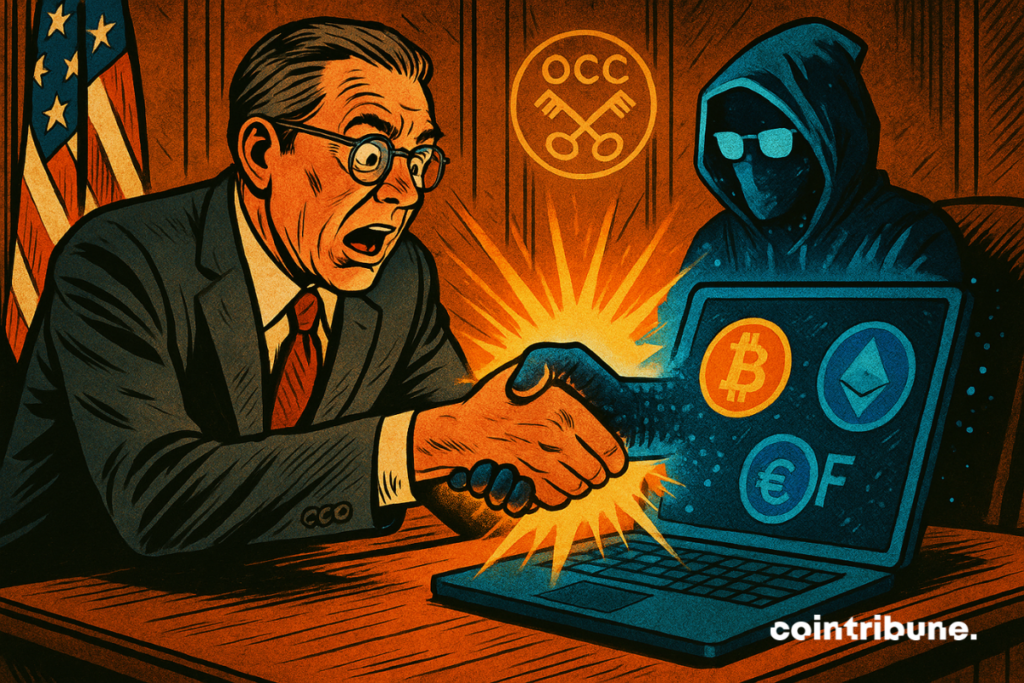 An American official shocked shakes hands with a mysterious hooded silhouette coming out of a laptop displaying cryptocurrency logos like Bitcoin and Ethereum.