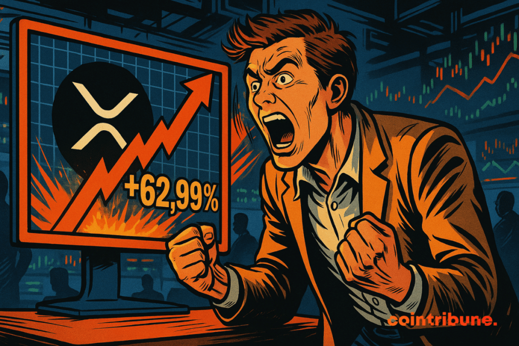 Young trader with open jacket and shirt, wide eyes, standing in front of a curved screen with shiny xrp crypto logo and red/orange arrow arrows (+62.99%).