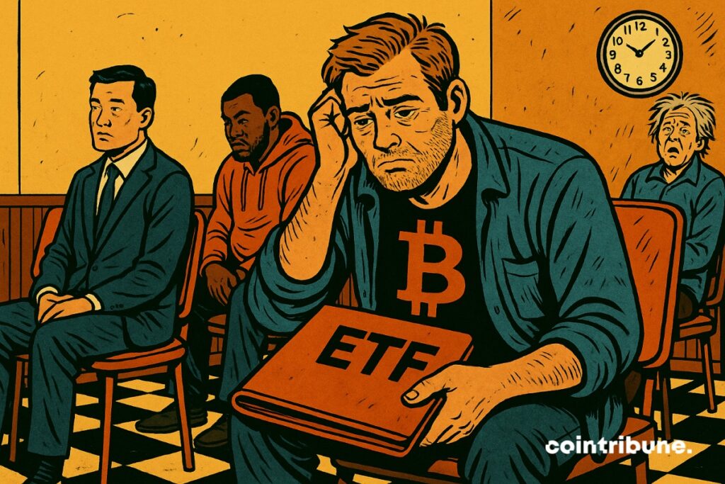 A sad man in a waiting room with an Crypto ETF file in hand.