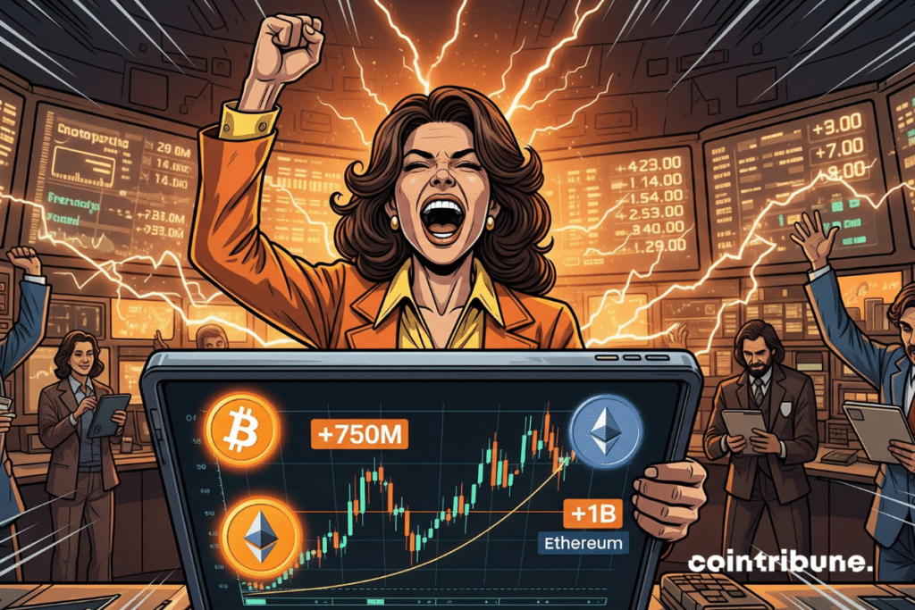 An exalted crypto trader celebrates the explosion of flows and bitcoin and ethereum