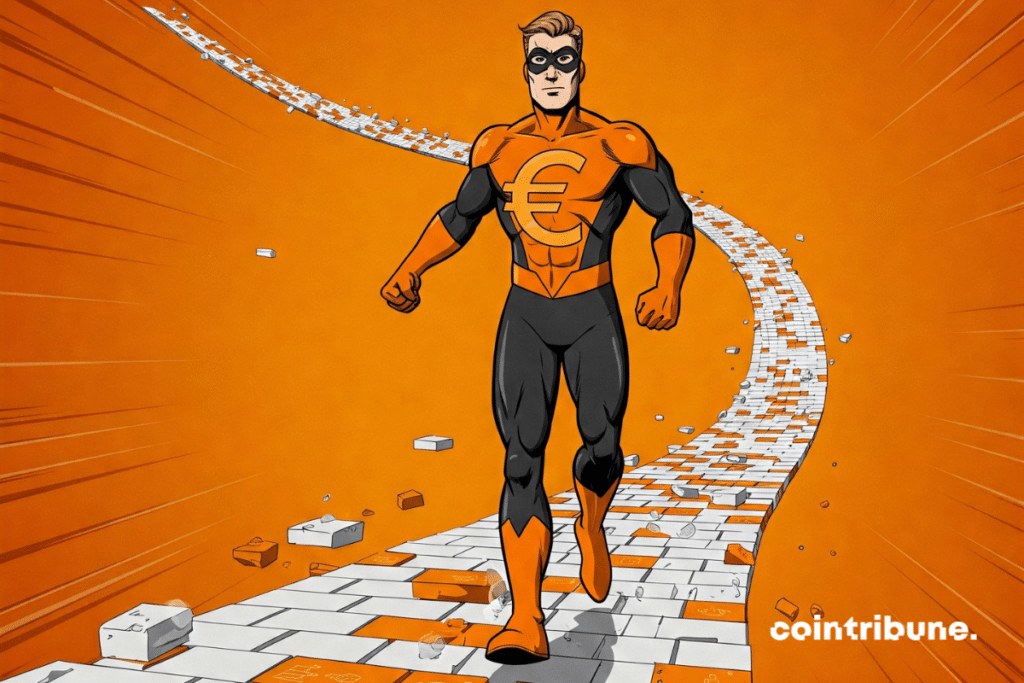 A superhero with a euro logo proudly walking on a road paved with blockchain crypto blocks