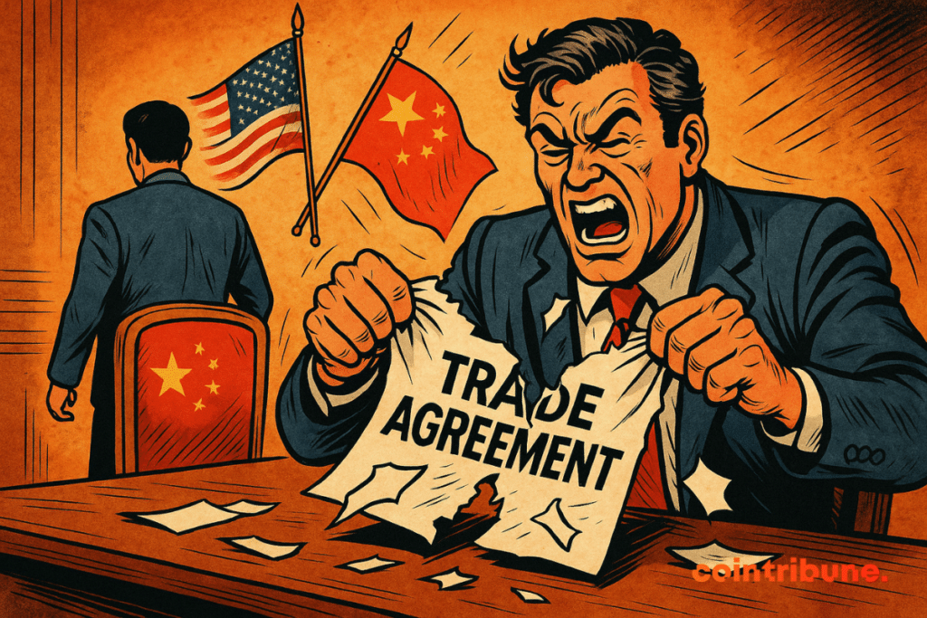 Illustration of a furious diplomat tears a contract entitled "Trade Agreement" in front of a Chinese back representative.