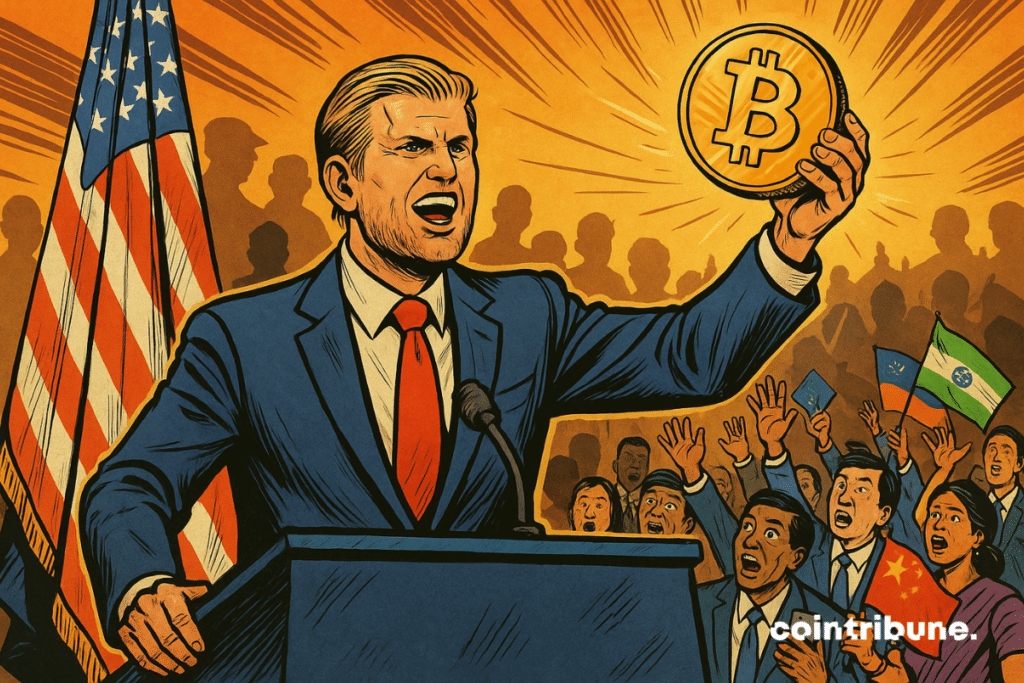 Luxurious White House-style press room, a slightly counter-angled angle to give power to Eric Trump. Standing behind a desk, arms stretched up holding a giant bitcoin piece.