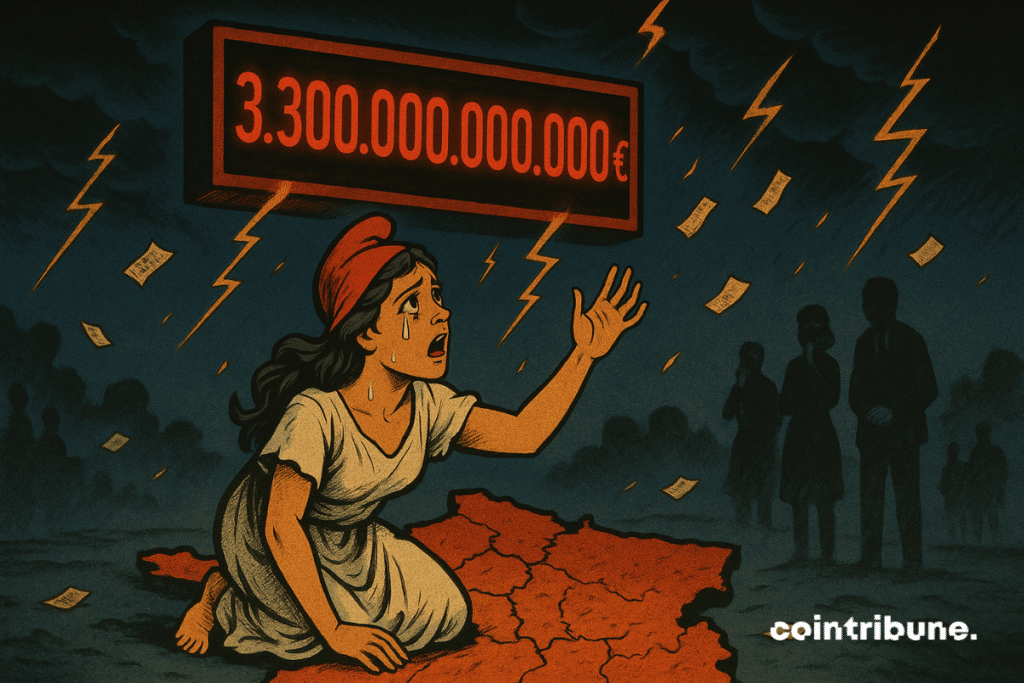 The French Marianne on his knees, railing against a debt of 1,300 billion.