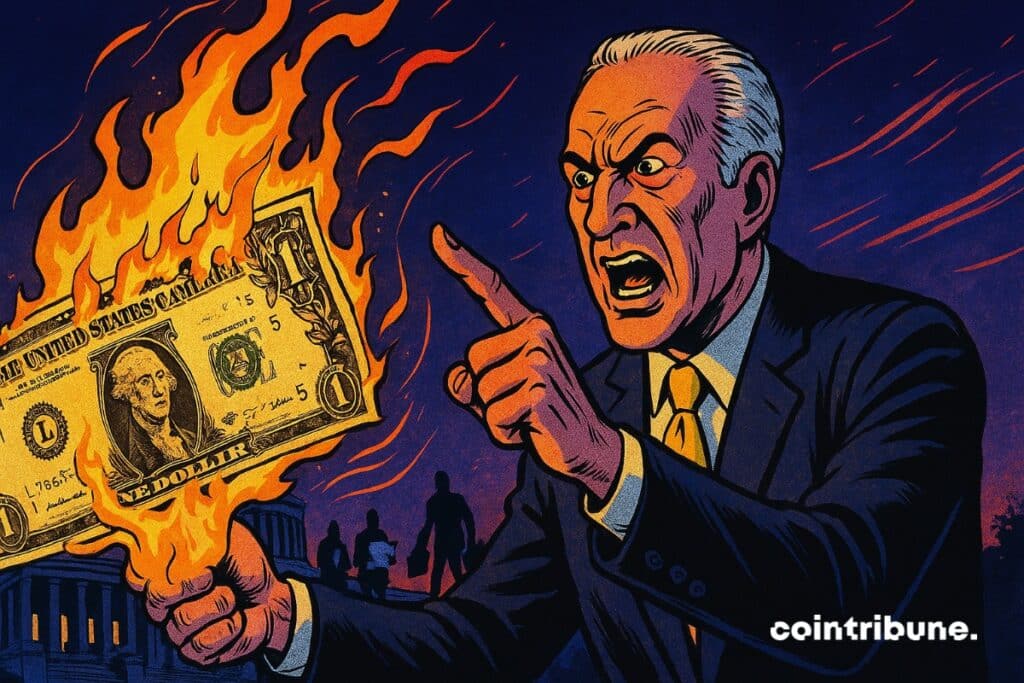 Peter Schiff who holds a dollar note on fire in hand.