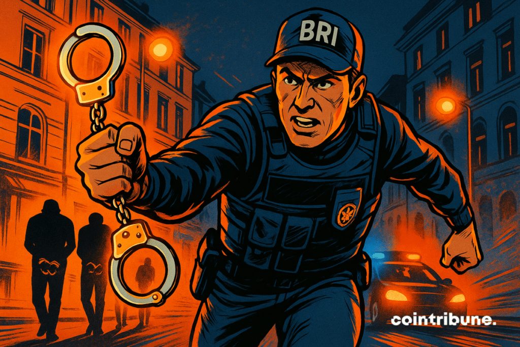 BRB agent in intervention clothes, bulletproof vest, dynamic motion posture, determined expression and concentrated to track down Crypto criminals. Sparkling handcuffs in his hand, with handcuffed silhouettes.
