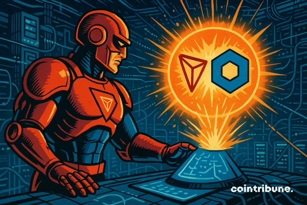 A cybernetic engineer in red tron armor activating a blue holographic console (ChainLink).