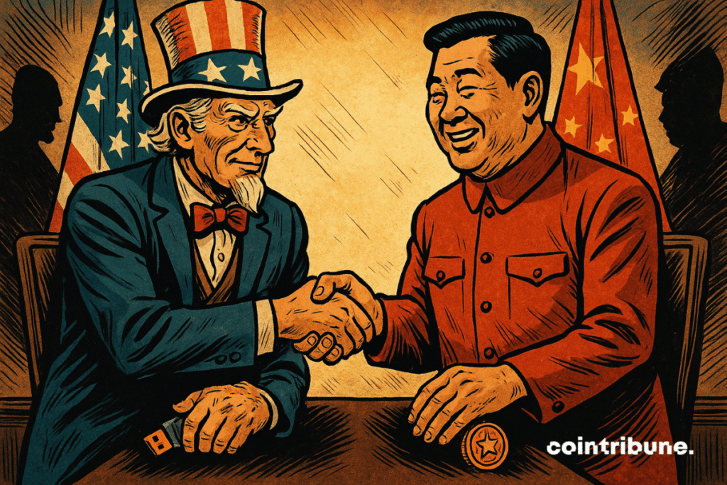 Handshake between uncle Sam and a Chinese, holding their sincerity of their sincerity with their free hands concerning the future of the world economy
