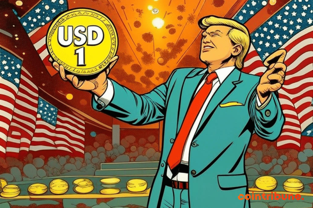 Donald Trump holding a USD1 part on a podium