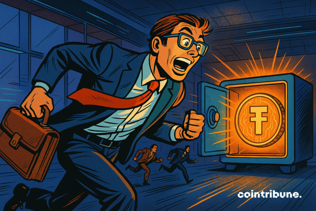 An American crypto investor, fitted suit, techno glasses, handcracker. Leaning forward, running to an open digital safe filled with stablecoins.