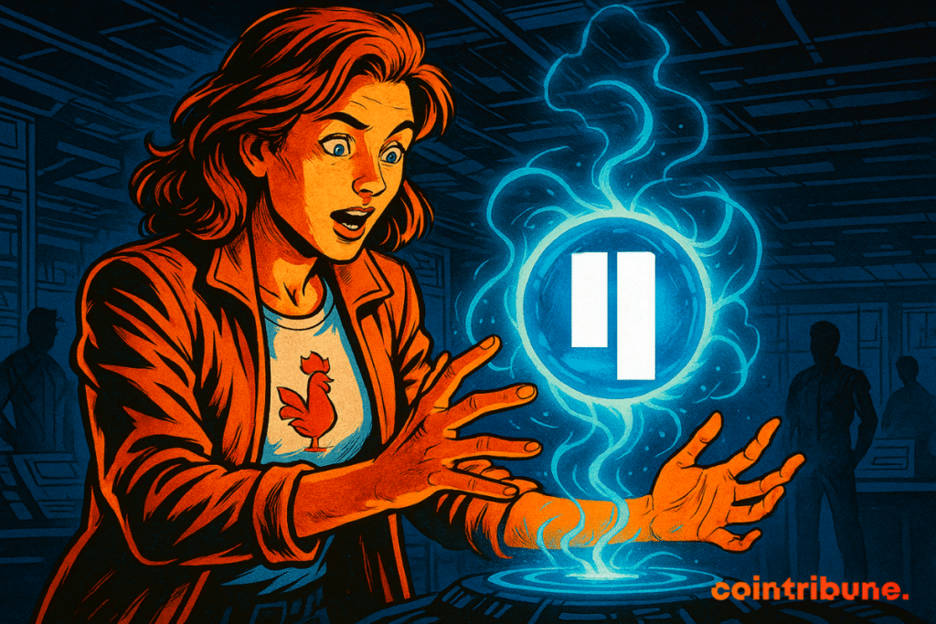 A surprise woman wearing a T-shirt with a rooster interacts with a bright futuristic orb displaying the Qubic logo, surrounded by blue energy, in a technological laboratory.