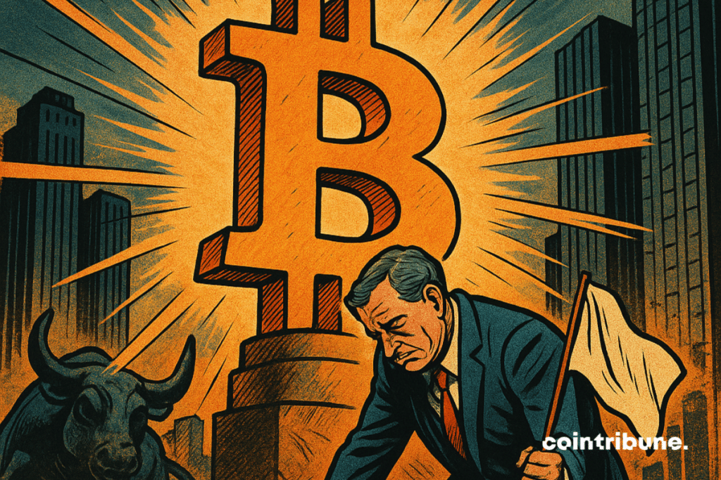 Jamie Dimon fell to the ground, shocked look, attached to a JPM case. A cybernetic bull with a Bitcoin logo in full load.